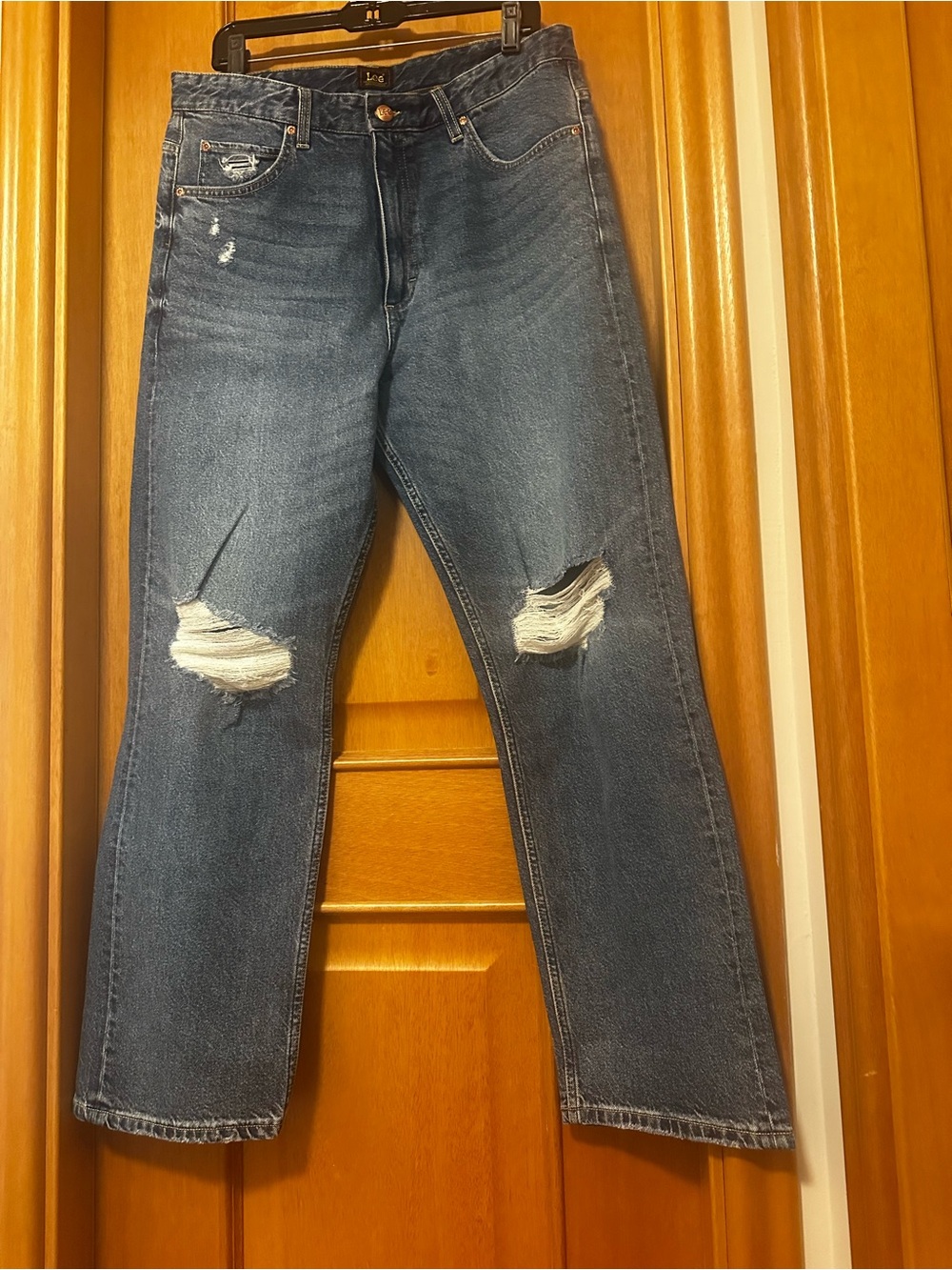 Lee Women's Distressed Medium-Dark Blue Straight Leg Jeans